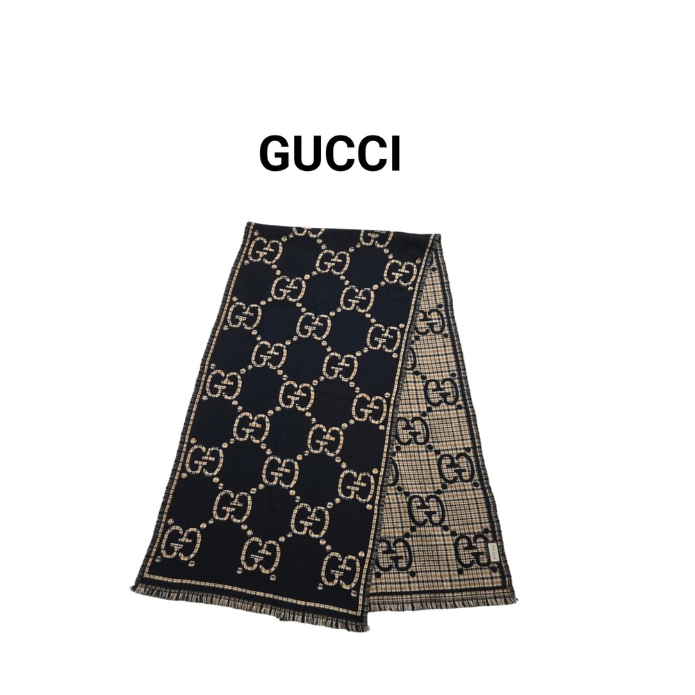 Gucci Reversible GG Wool Scarf Black Tan Check Monogram Logo Fringe COA